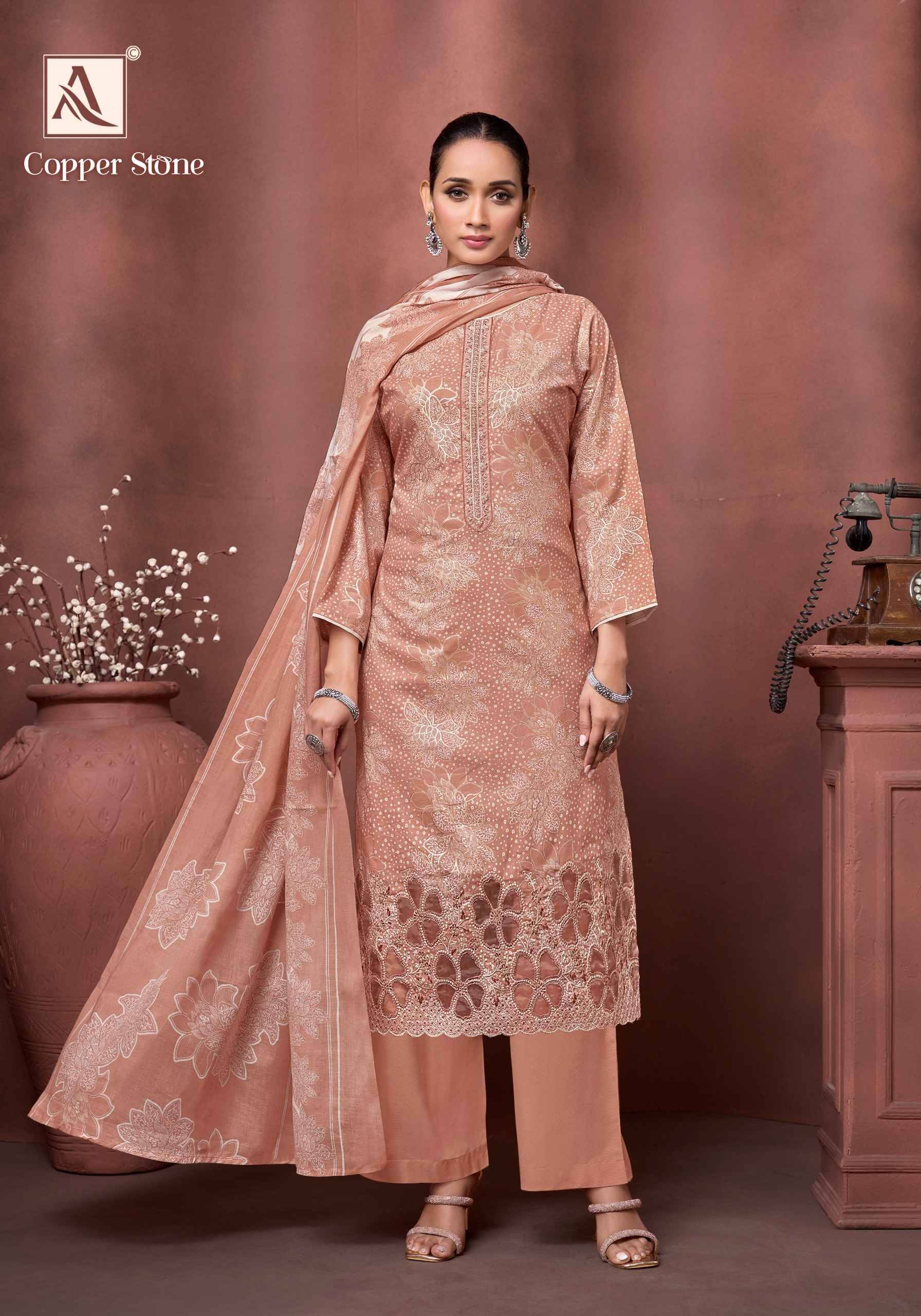 COPPER STONE 1059 By Alok Pakistani Stylish Beautiful Colourful Printed & Embroidered Party Wear & Occasional Wear Pure cotton Dresses At Wholesale Price